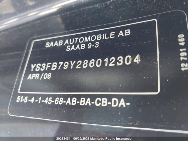 Продаж на аукціоні авто 2008 Saab 9-3, vin: YS3FB79Y286012304, номер лоту: 20263454
