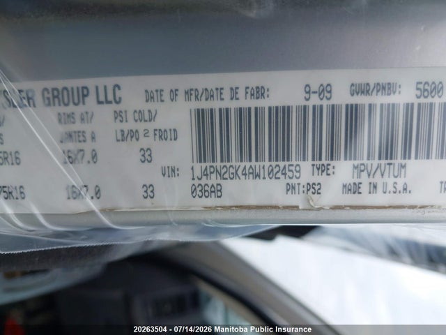 20263504 :رقم المزاد ، 1J4PN2GK4AW102459 vin ، 2010 Jeep Liberty Sport مزاد بيع