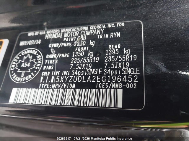 20263517 :رقم المزاد ، 5XYZUDLA2EG196452 vin ، 2014 Hyundai Santa Fe Sport 2.0t مزاد بيع
