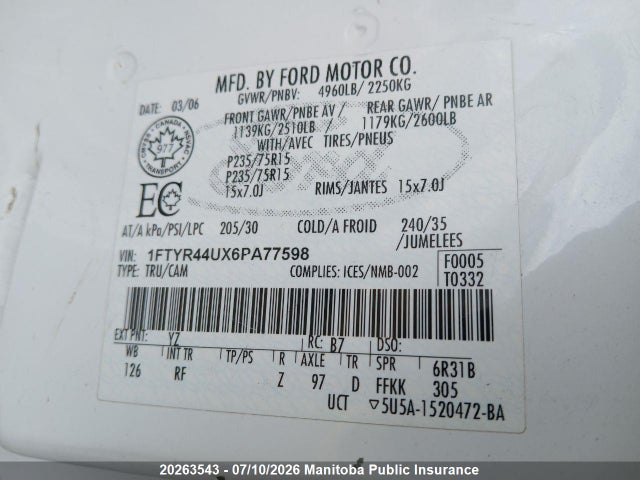 20263543 :رقم المزاد ، 1FTYR44UX6PA77598 vin ، 2006 Ford Ranger Sport Supercab مزاد بيع