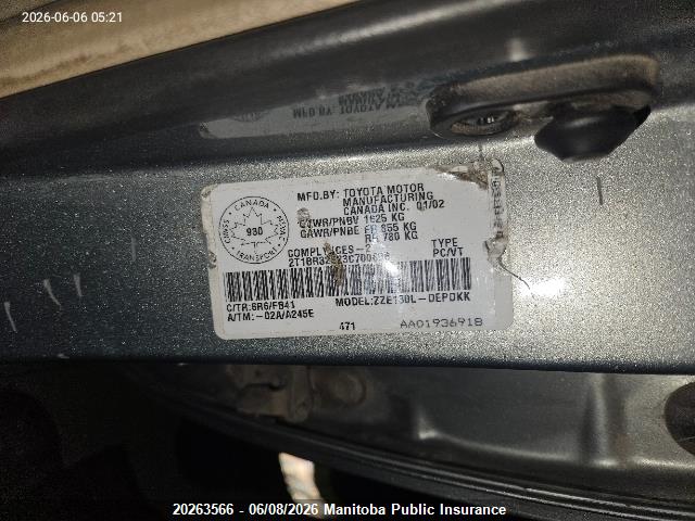 20263566 :رقم المزاد ، 2T1BR32E23C700606 vin ، 2003 Toyota Corolla Ce مزاد بيع
