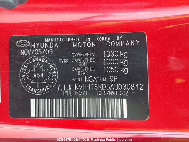 Aukcja sprzedaży 2010 Hyundai Genesis 2.0t, vin: KMHHT6KD5AU030842, numer aukcji: 20263576