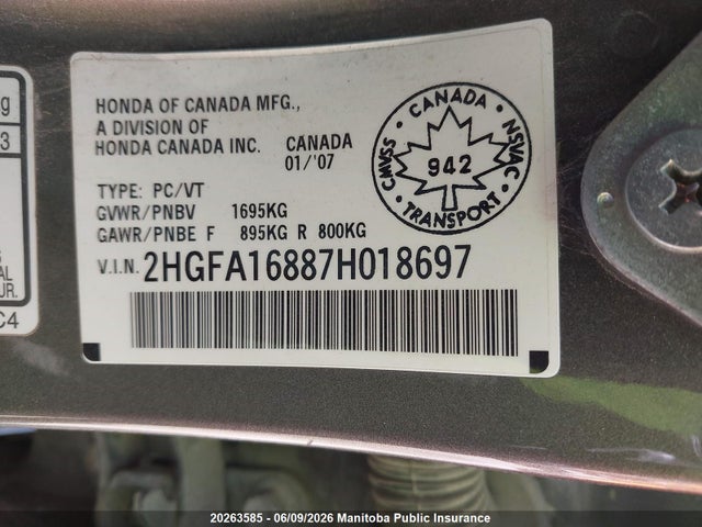2007 Honda Civic Ex მანქანა იყიდება აუქციონზე, vin: 2HGFA16887H018697, აუქციონის ნომერი: 20263585