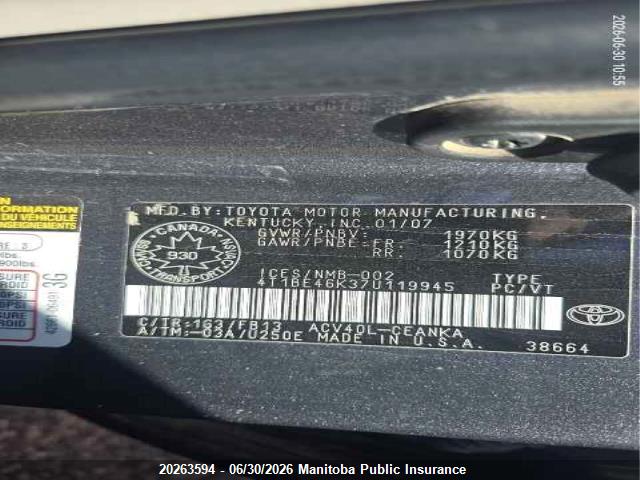 Продаж на аукціоні авто 2007 Toyota Camry Le, vin: 4T1BE46K37U119945, номер лоту: 20263594