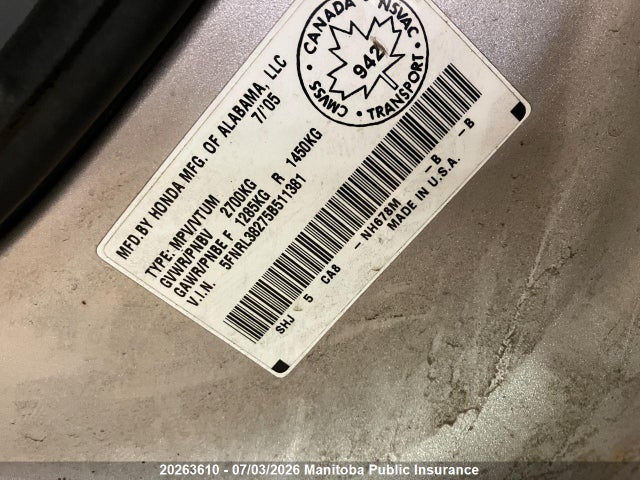 Продаж на аукціоні авто 2005 Honda Odyssey Ex, vin: 5FNRL38275B511381, номер лоту: 20263610