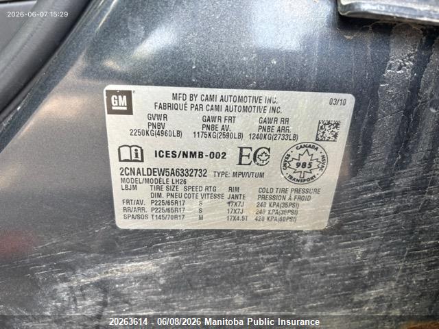Aukcja sprzedaży 2010 Chevrolet Equinox Lt, vin: 2CNALDEW5A6332732, numer aukcji: 20263614