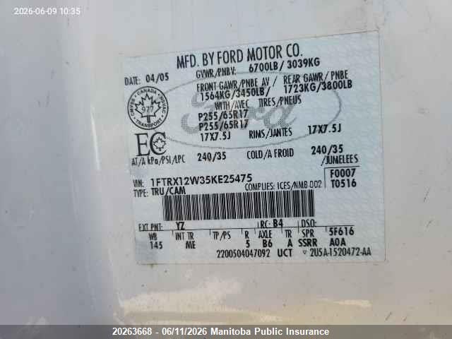 Продаж на аукціоні авто 2005 Ford F150 Xl Supercab, vin: 1FTRX12W35KE25475, номер лоту: 20263668
