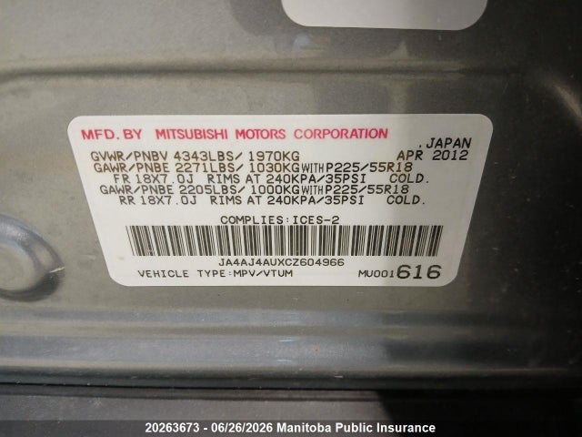 Aukcja sprzedaży 2012 Mitsubishi Rvr Gt, vin: JA4AJ4AUXCZ604966, numer aukcji: 20263673