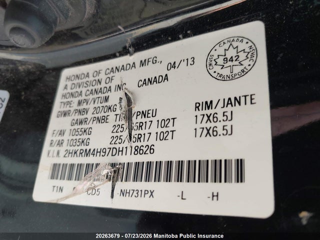 2013 Honda Cr-v Touring მანქანა იყიდება აუქციონზე, vin: 2HKRM4H97DH118626, აუქციონის ნომერი: 20263679