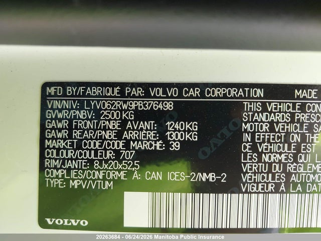 LYV062RW9PB376498 Volvo Xc60 Plus B6