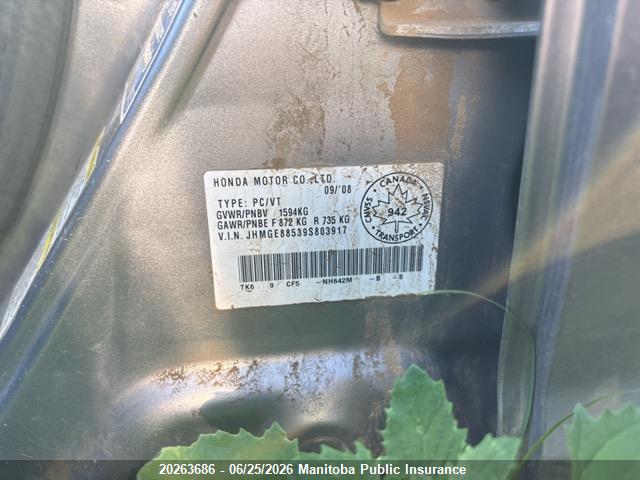 20263686 :رقم المزاد ، JHMGE88539S803917 vin ، 2009 Honda Fit Lx مزاد بيع