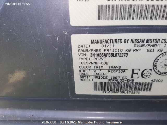 Продажа на аукционе авто 2011 Nissan Sentra 2.0, vin: 3N1AB6AP3BL672270, номер лота: 20263698