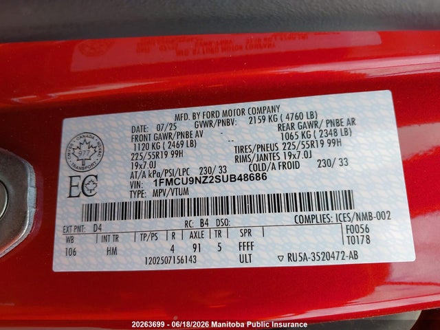 Продаж на аукціоні авто 2025 Ford Escape St Line Select Hybrid, vin: 1FMCU9NZ2SUB48686, номер лоту: 20263699