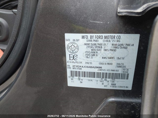 Продажа на аукционе авто 2010 Ford Edge Sel, vin: 2FMDK4JC6ABA29686, номер лота: 20263752