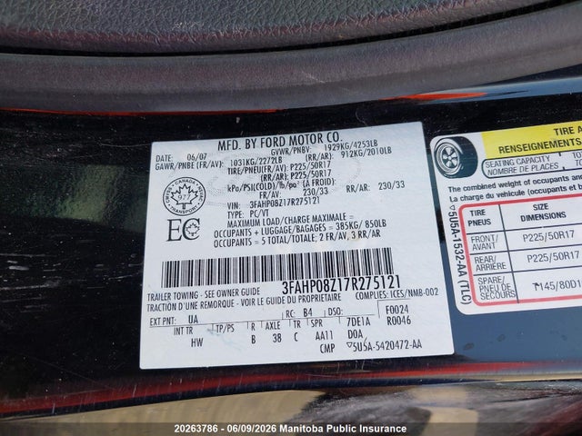 Продаж на аукціоні авто 2007 Ford Fusion Sel, vin: 3FAHP08Z17R275121, номер лоту: 20263786