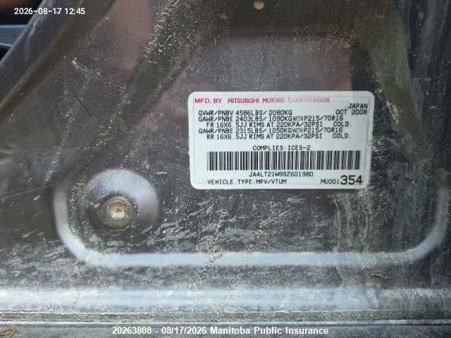20263808 :رقم المزاد ، JA4LT21W99Z601980 vin ، 2009 Mitsubishi Outlander Es مزاد بيع