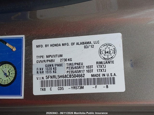 20263843 :رقم المزاد ، 5FNRL5H68CB504662 vin ، 2012 Honda Odyssey Ex-l مزاد بيع