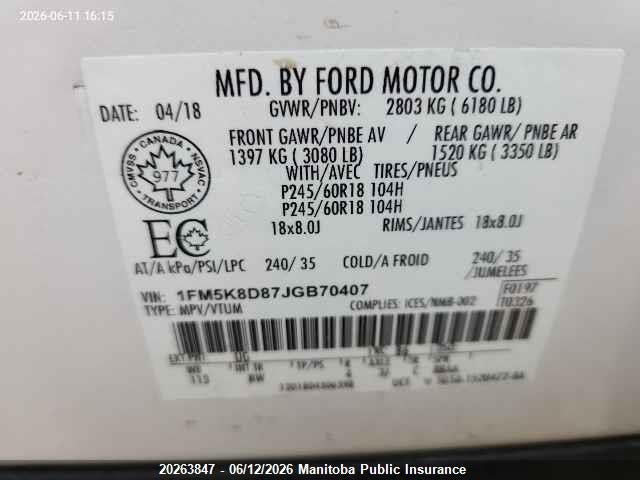 Ford EXPLORER XLT 2018 1FM5K8D87JGB70407 Image 9