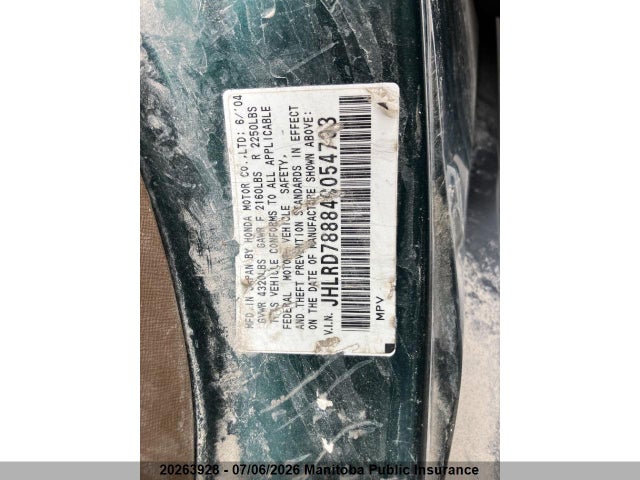 2004 Honda Cr-v Ex მანქანა იყიდება აუქციონზე, vin: JHLRD78884C054703, აუქციონის ნომერი: 20263928