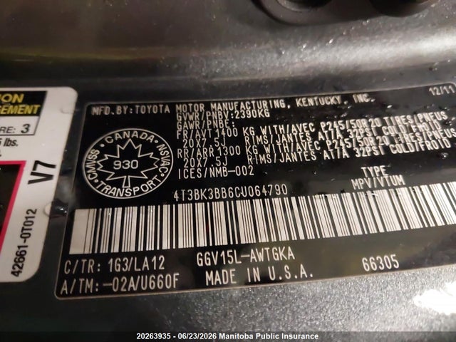 20263935 :رقم المزاد ، 4T3BK3BB6CU064790 vin ، 2012 Toyota Venza V6 مزاد بيع