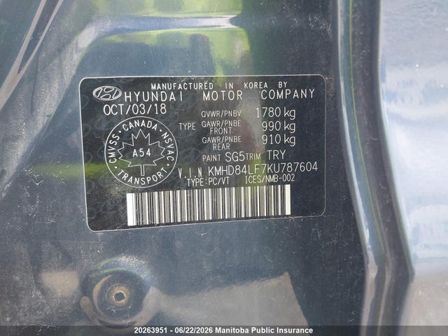 20263951 :رقم المزاد ، KMHD84LF7KU787604 vin ، 2019 Hyundai Elantra Preferred مزاد بيع