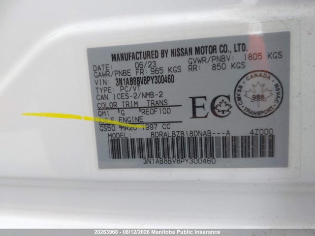 Aukcja sprzedaży 2023 Nissan Sentra 2.0 S, vin: 3N1AB8BV8PY300460, numer aukcji: 20263968
