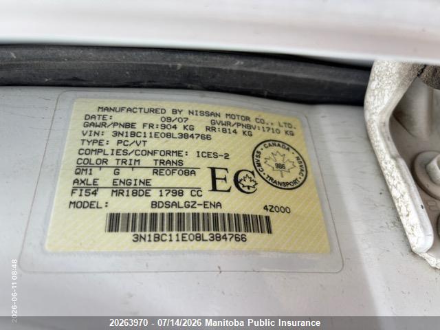 2008 Nissan Versa 1.8 Sl მანქანა იყიდება აუქციონზე, vin: 3N1BC11E08L384766, აუქციონის ნომერი: 20263970