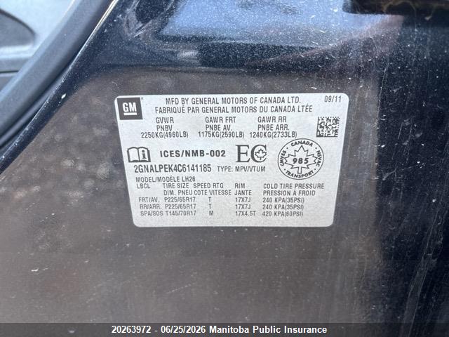 Aukcja sprzedaży 2012 Chevrolet Equinox Lt, vin: 2GNALPEK4C6141185, numer aukcji: 20263972