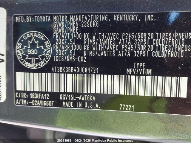 2013 Toyota Venza V6 მანქანა იყიდება აუქციონზე, vin: 4T3BK3BB4DU081721, აუქციონის ნომერი: 20263989