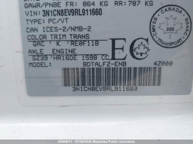 Aukcja sprzedaży 2024 Nissan Versa 1.6 Sv, vin: 3N1CN8EV9RL911660, numer aukcji: 20264011
