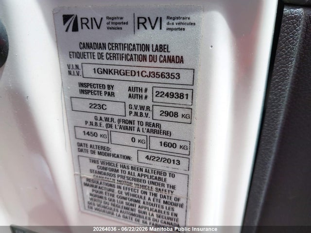 2012 Chevrolet Traverse Ls მანქანა იყიდება აუქციონზე, vin: 1GNKRGED1CJ356353, აუქციონის ნომერი: 20264036