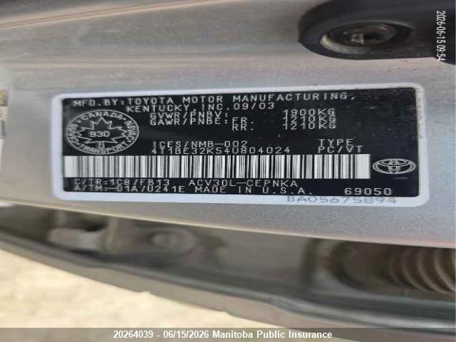 20264039 :رقم المزاد ، 4T1BE32K54U804024 vin ، 2004 Toyota Camry Le مزاد بيع