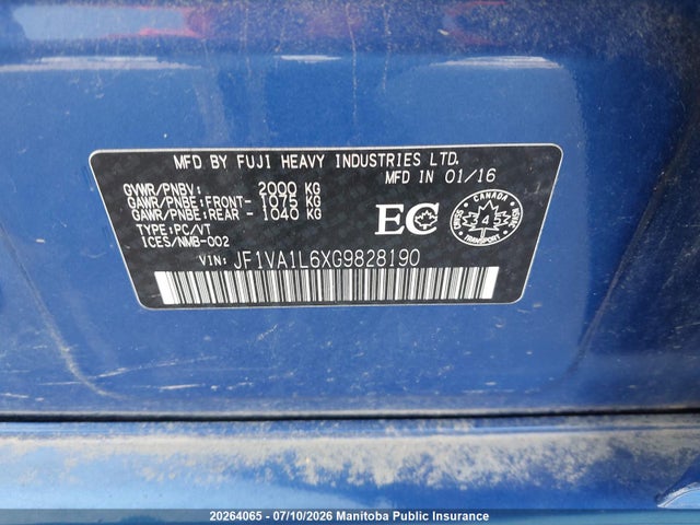Subaru Impreza Wrx 2016 JF1VA1L6XG9828190 Image 9