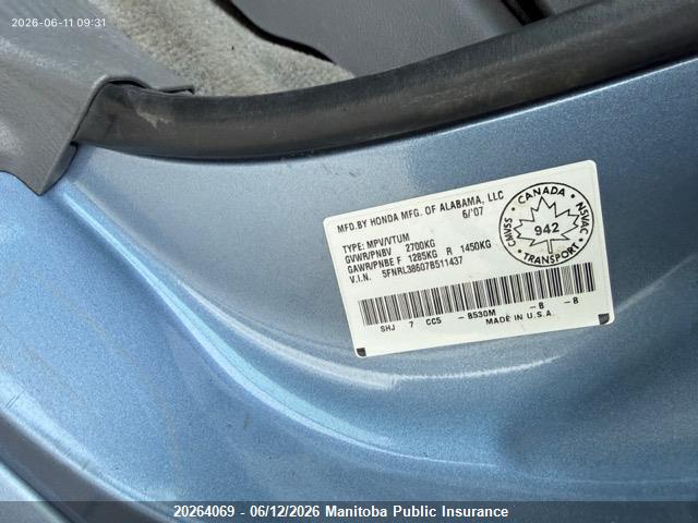 20264069 :رقم المزاد ، 5FNRL38607B511437 vin ، 2007 Honda Odyssey Ex مزاد بيع