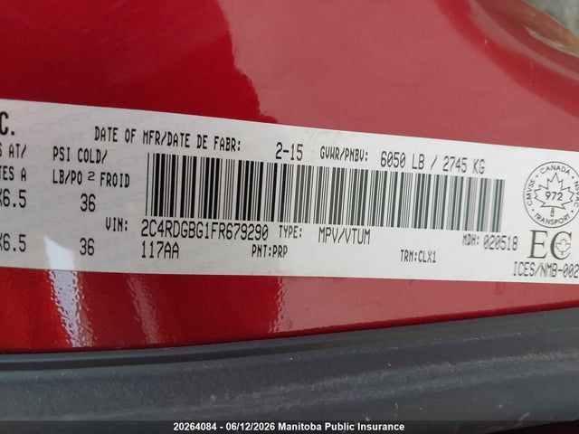 20264084 :رقم المزاد ، 2C4RDGBG1FR679290 vin ، 2015 Dodge Grand Caravan Sxt مزاد بيع