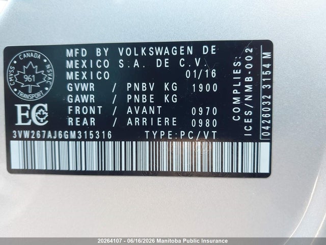 3VW267AJ6GM315316 Volkswagen Jetta 1.4 Tsi