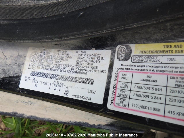 20264118 :رقم المزاد ، 3FADP4BJ9CM113639 vin ، 2012 Ford Fiesta Se مزاد بيع
