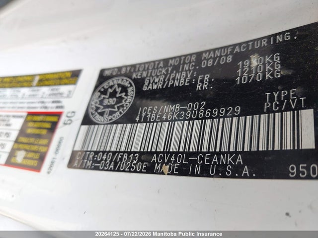 Продаж на аукціоні авто 2009 Toyota Camry Le, vin: 4T1BE46K39U869929, номер лоту: 20264125