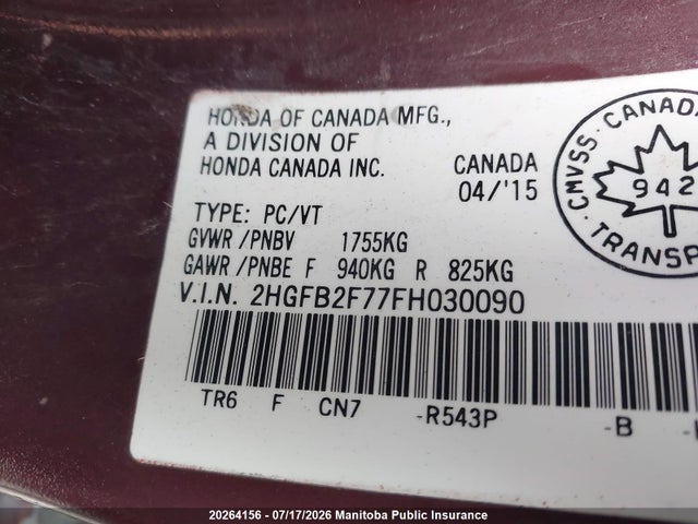 Honda Civic Touring 2015 2HGFB2F77FH030090 Image 9