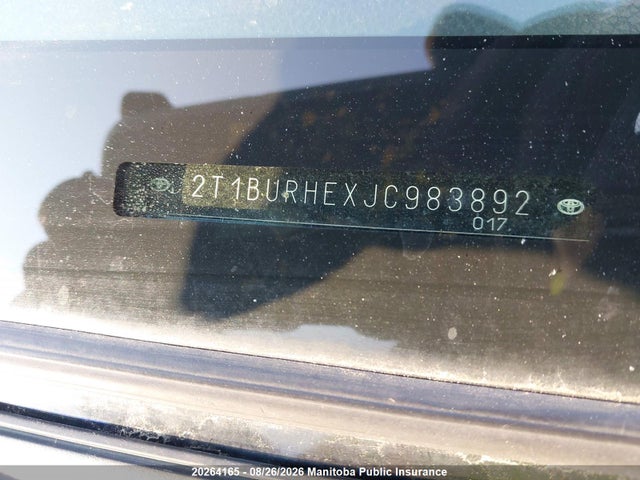 20264165 :رقم المزاد ، 2T1BURHEXJC983892 vin ، 2018 Toyota Corolla Le مزاد بيع