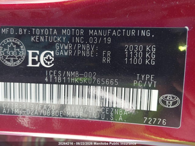 2019 Toyota Camry Le მანქანა იყიდება აუქციონზე, vin: 4T1B11HK5KU765665, აუქციონის ნომერი: 20264216