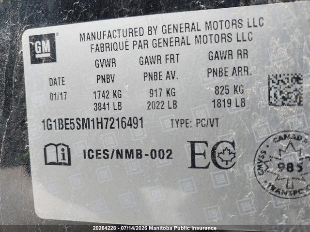 Продажа на аукционе авто 2017 Chevrolet Cruze Lt Turbo, vin: 1G1BE5SM1H7216491, номер лота: 20264228