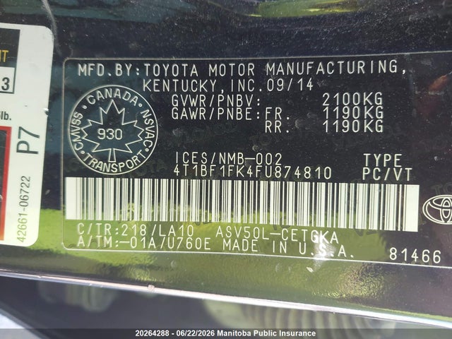 Toyota CAMRY XLE 2015 4T1BF1FK4FU874810 Image 9