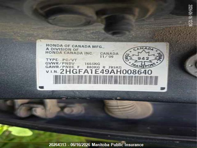 2010 Honda Civic Dx-g მანქანა იყიდება აუქციონზე, vin: 2HGFA1E49AH008640, აუქციონის ნომერი: 20264313