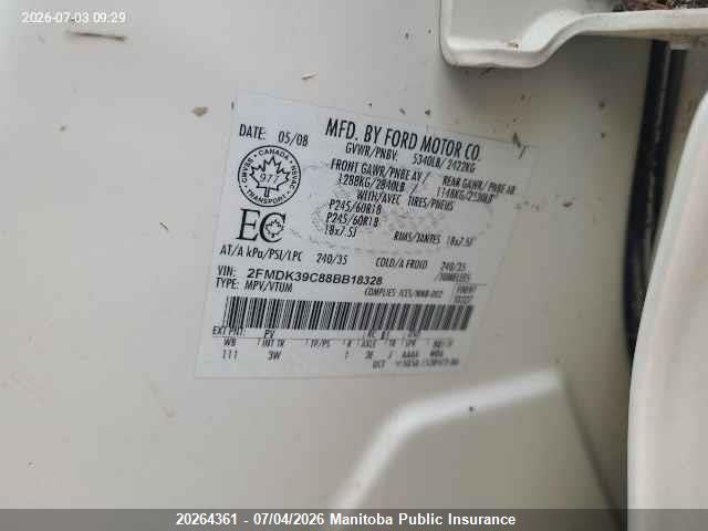 20264361 :رقم المزاد ، 2FMDK39C88BB18328 vin ، 2008 Ford Edge Limited مزاد بيع