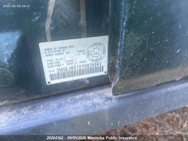 2000 Honda Civic Se მანქანა იყიდება აუქციონზე, vin: 2HGEJ6510YH926964, აუქციონის ნომერი: 20264362
