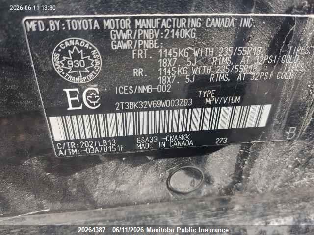 20264387 :رقم المزاد ، 2T3BK32V69W003703 vin ، 2009 Toyota Rav4 Sport V6 Sport V6 مزاد بيع