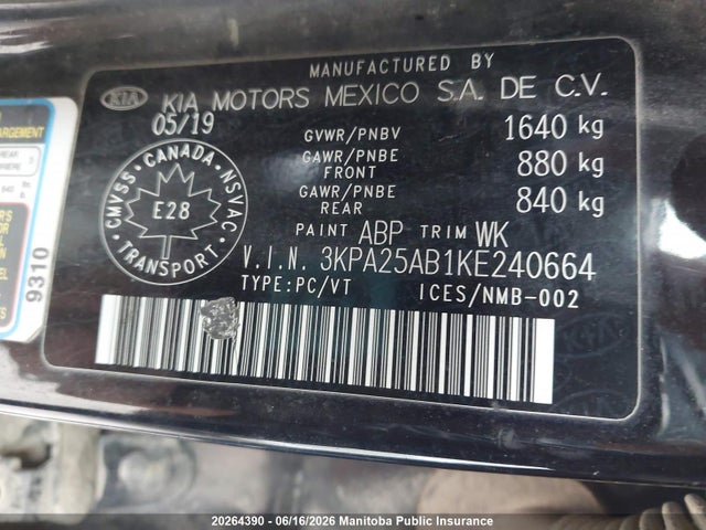 2019 Kia Rio 5 Lx მანქანა იყიდება აუქციონზე, vin: 3KPA25AB1KE240664, აუქციონის ნომერი: 20264390