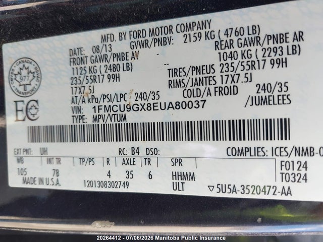 Продаж на аукціоні авто 2014 Ford Escape Se, vin: 1FMCU9GX8EUA80037, номер лоту: 20264412