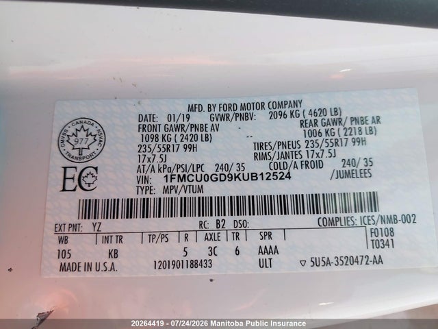 Ford ESCAPE SE 2019 1FMCU0GD9KUB12524 Image 9